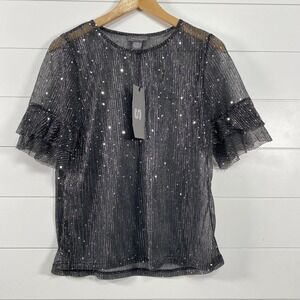 Sans Souci Shirt Womens Medium Sheer Metallic Glitter Ruffle Sleeve Party Top